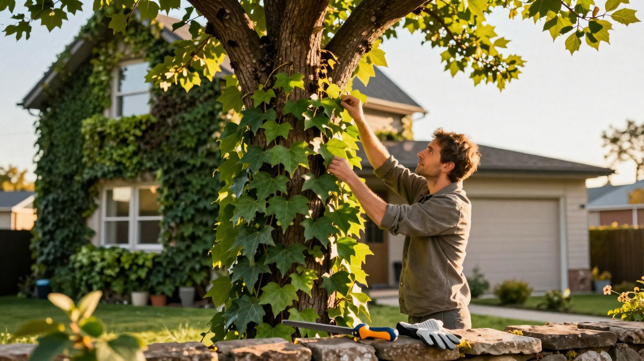 Man pruning ivy growing on a tree in a garden outside a house on a sunny day.