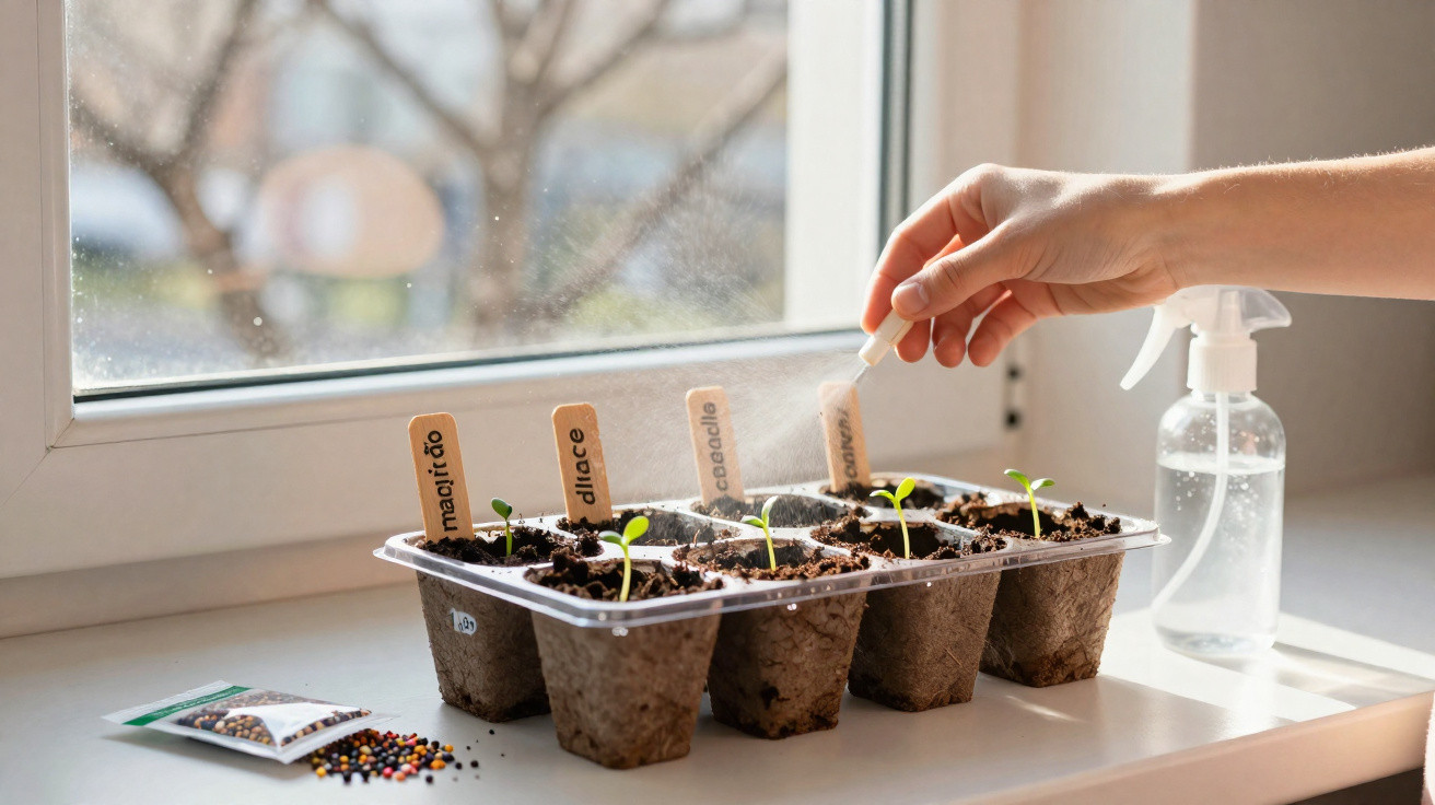 Hand tending to small seedlings in biodegradable pots on a windowsill with labelled wooden markers and spray bottle nearby.