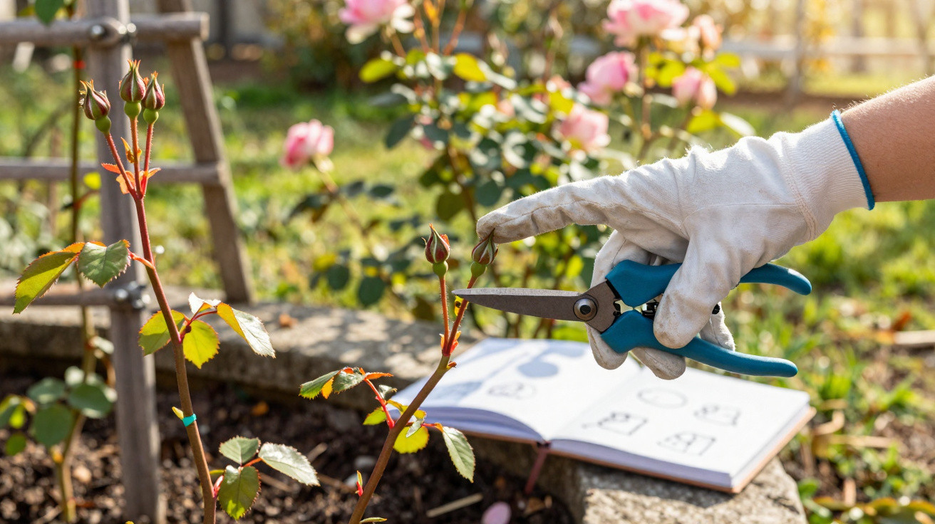 Hand in glove pruning rose buds with blue-handled secateurs in a sunlit garden with a notebook on a stone ledge.