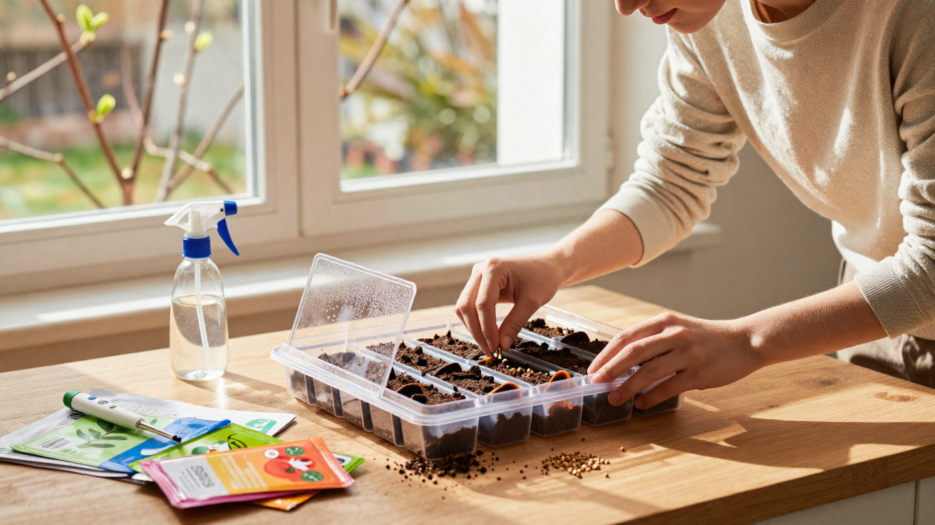 Person planting seeds in soil trays on a wooden table near a window with seed packets and spray bottle.
