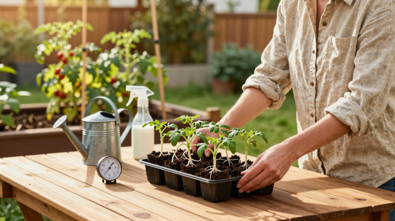 Person arranging seedling tray on wooden table outdoors with watering can, spray bottle, and garden thermometer nearby.
