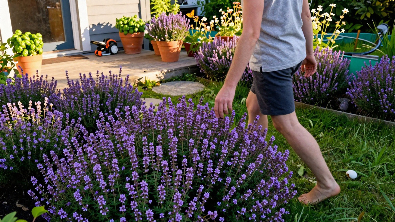 Person walking barefoot through a garden with blooming lavender and potted plants near a wooden porch.