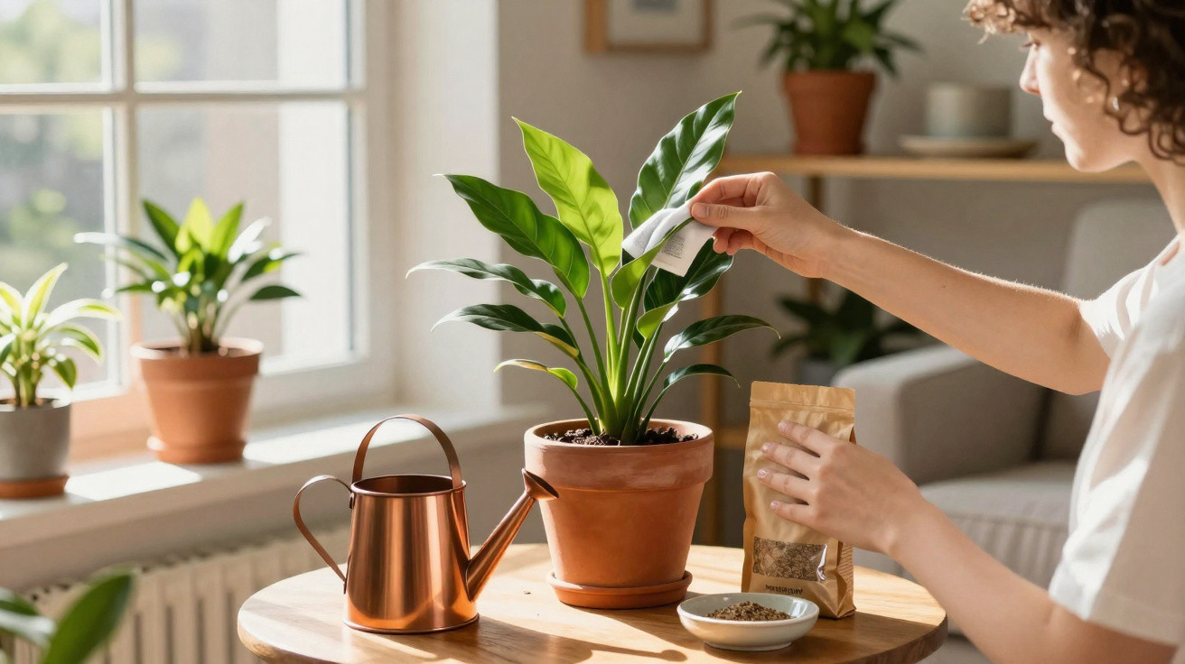 Person caring for a potted plant by adding fertilizer on a wooden table near a window with sunlight.