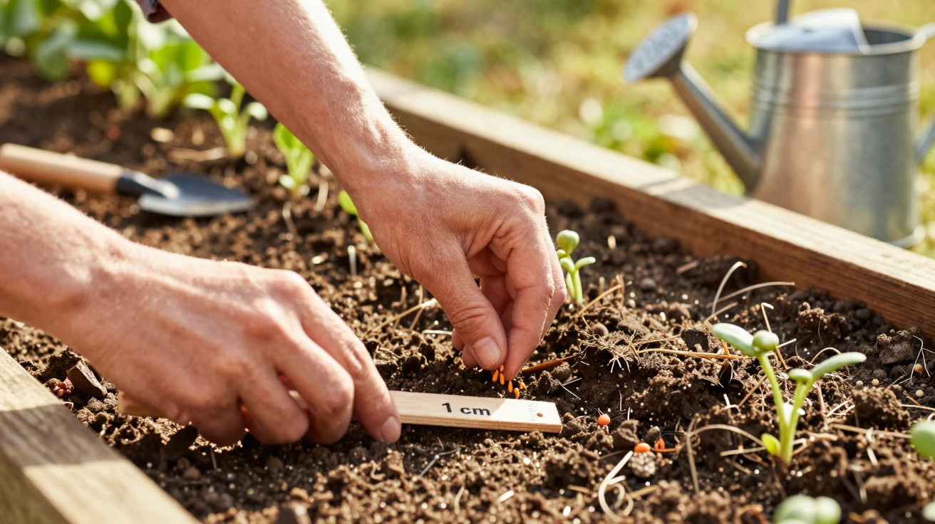 Hands planting seeds in soil with a 1 cm marker in a wooden garden bed, watering can in background.