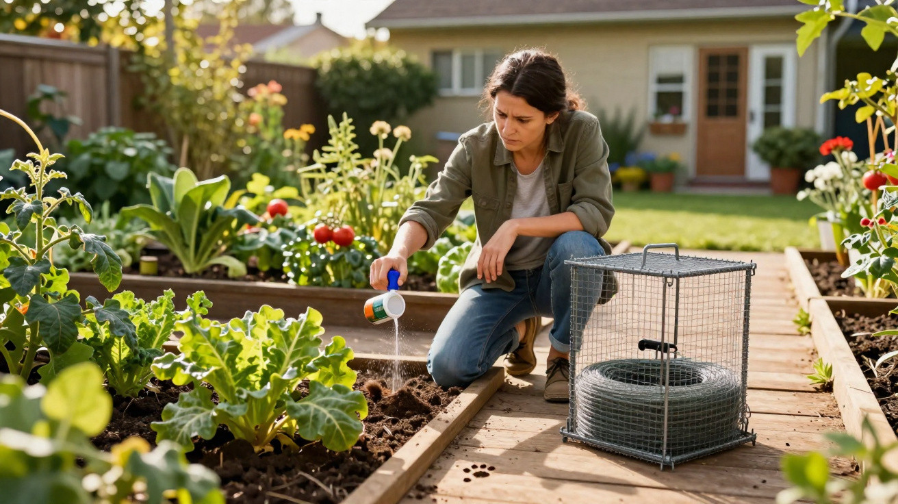 Woman applying pesticide to soil in raised garden bed with wire cage and gardening hose beside her.