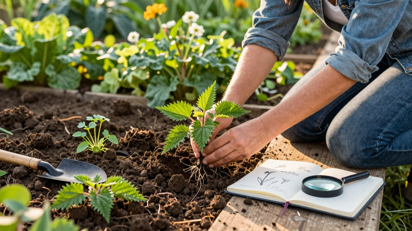 Person planting a young nettle plant in a garden bed with gardening tools and a notebook nearby.