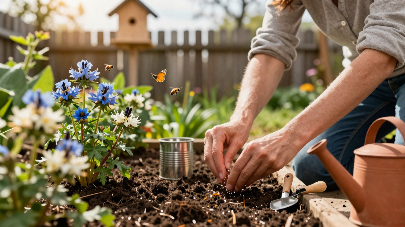 Person planting seeds in soil near blue and white flowers with bees and butterfly in a sunny garden.