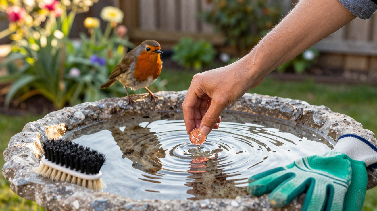 Hand placing a coin in a garden birdbath with a robin perched on the edge, a brush and gardening glove nearby.