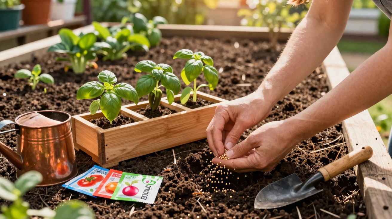 Hands planting seeds in soil beside young basil plants, seed packets, a trowel, and a watering can in a garden bed.