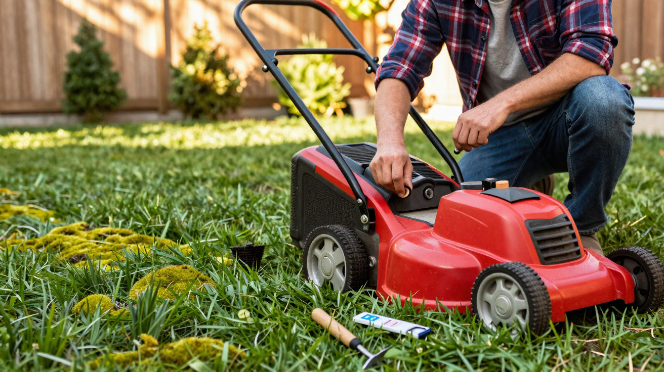 Person kneeling in a garden adjusting a red lawnmower surrounded by grass, moss patches, and gardening tools.
