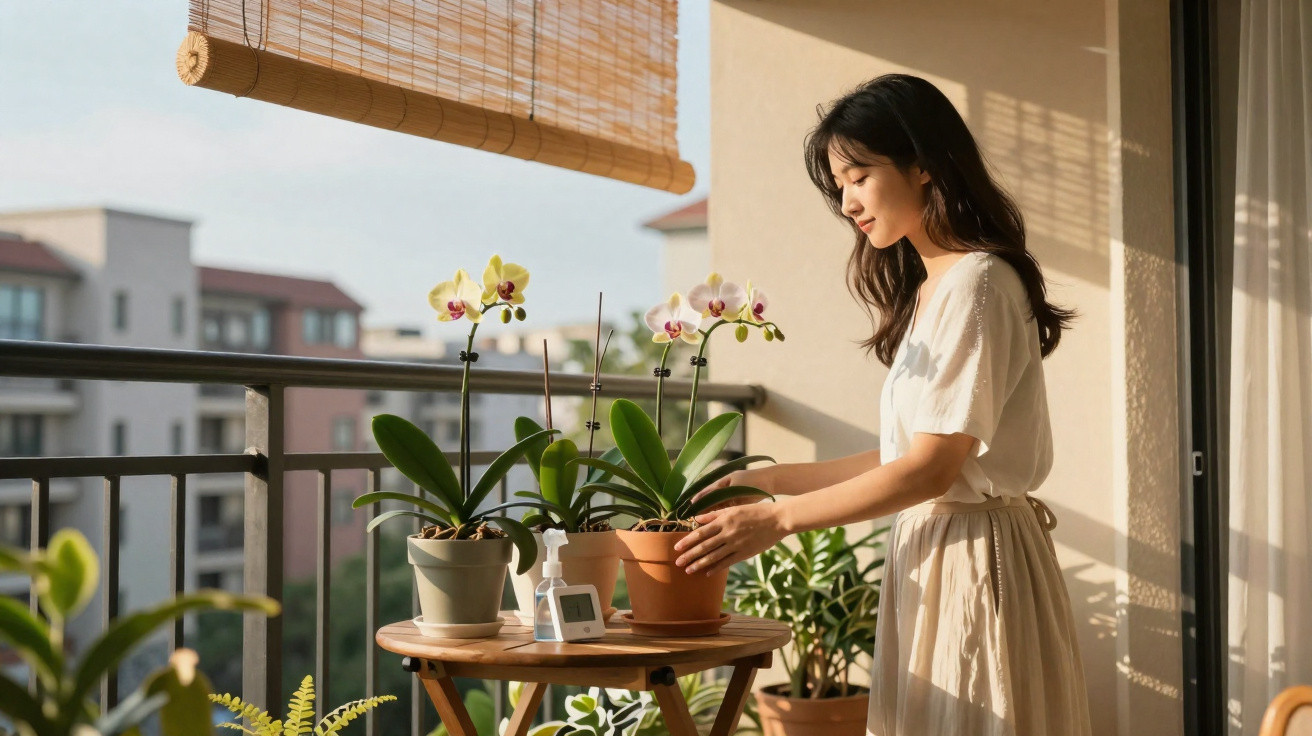 Woman tending to potted orchids on a sunlit balcony with buildings in the background