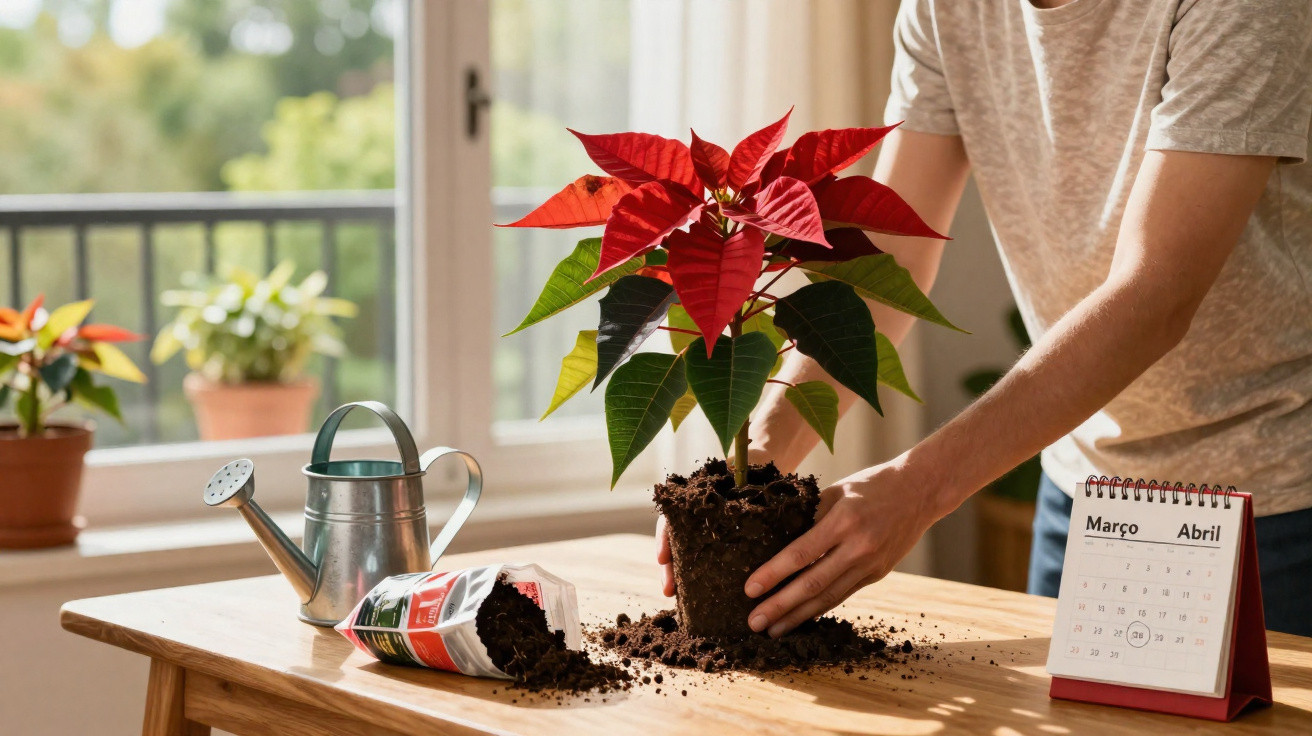 Person repotting a red poinsettia plant on a wooden table near a window with a watering can and calendar.