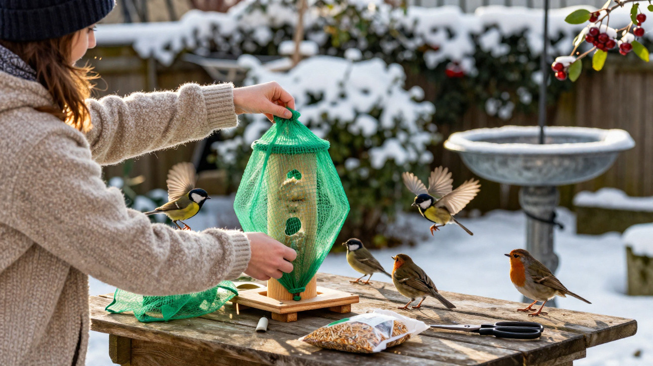 Person in winter clothes feeding small birds from a covered bird feeder on a snowy garden table.