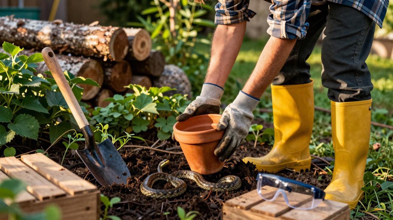 Person in yellow boots and gloves potting plants in a garden with a snake coiled on soil nearby.