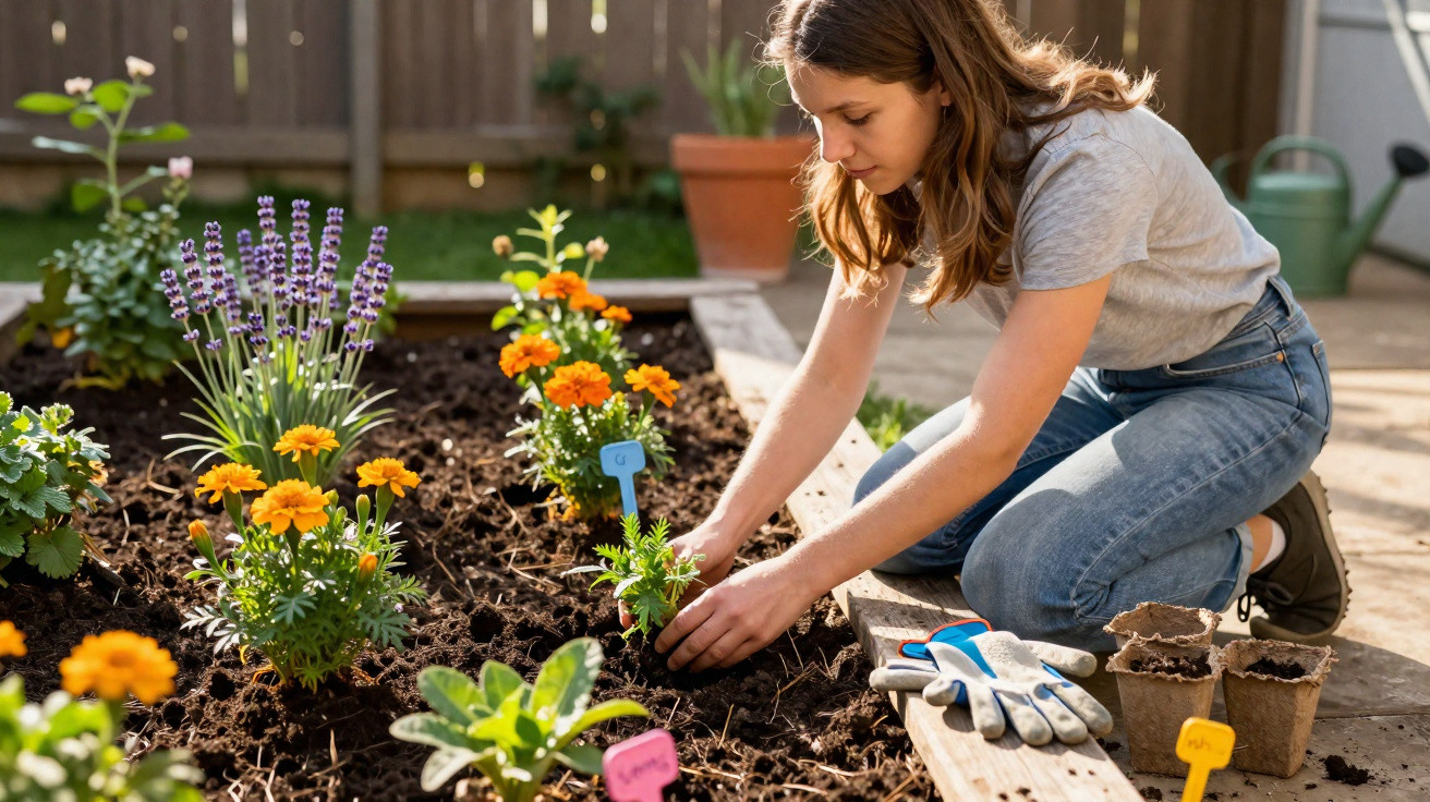 Woman planting flowers in a garden bed on a sunny day with gardening gloves and pots nearby