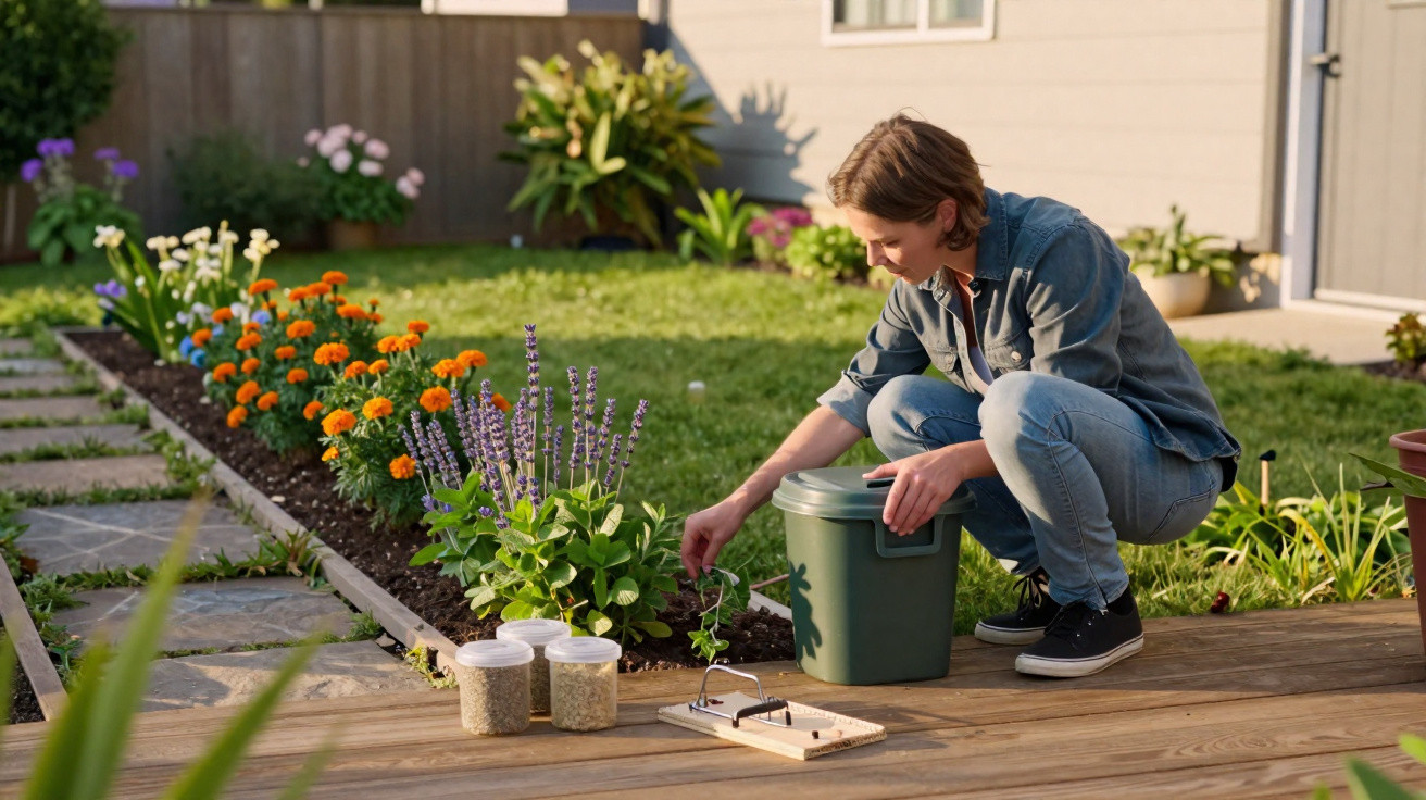 Person in denim outfit crouching to plant flowers in a garden bed beside a wooden deck with gardening supplies nearby