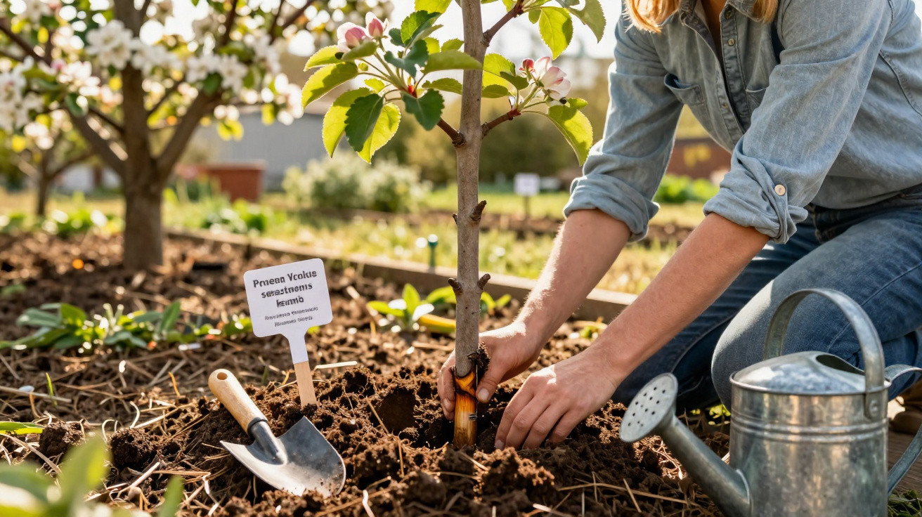 Person planting a young tree with gardening tools and a watering can in a sunny garden.