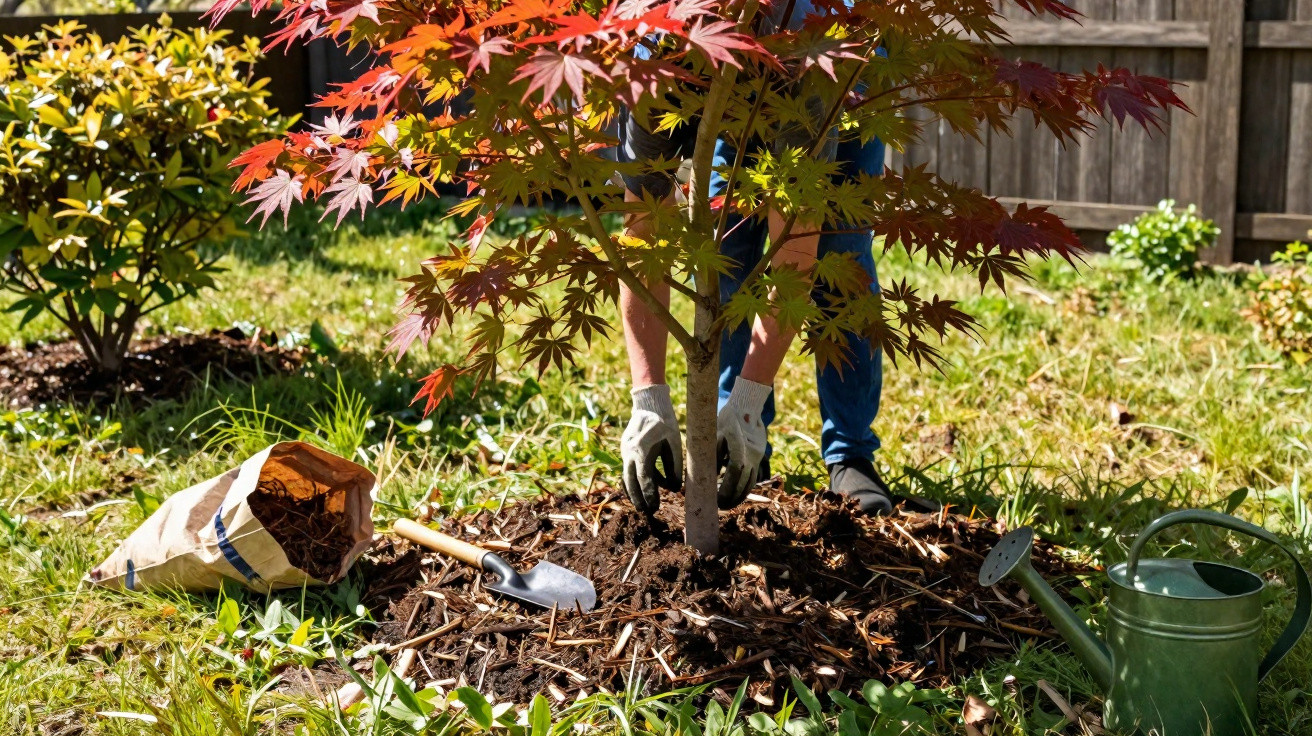 Person planting a young Japanese maple tree in a garden with gardening tools nearby.