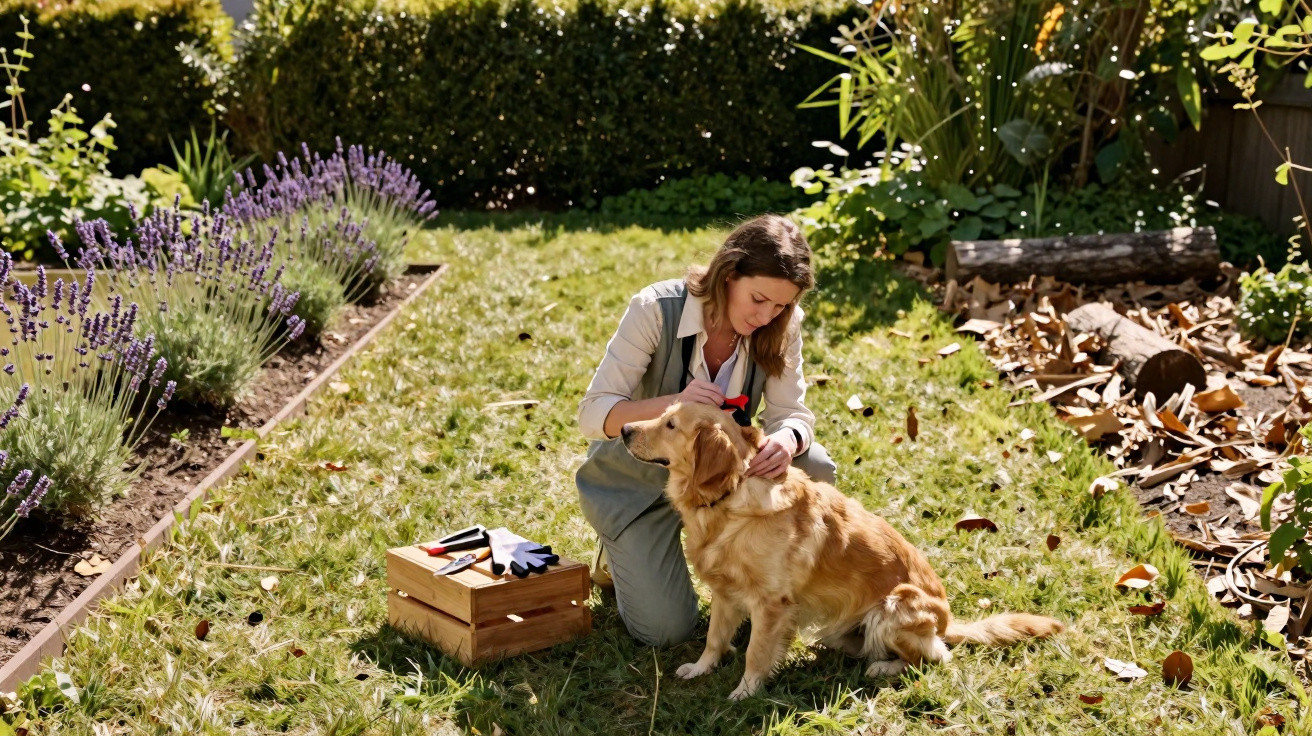Woman grooming a golden retriever in a sunny garden near lavender plants and gardening tools on grass.