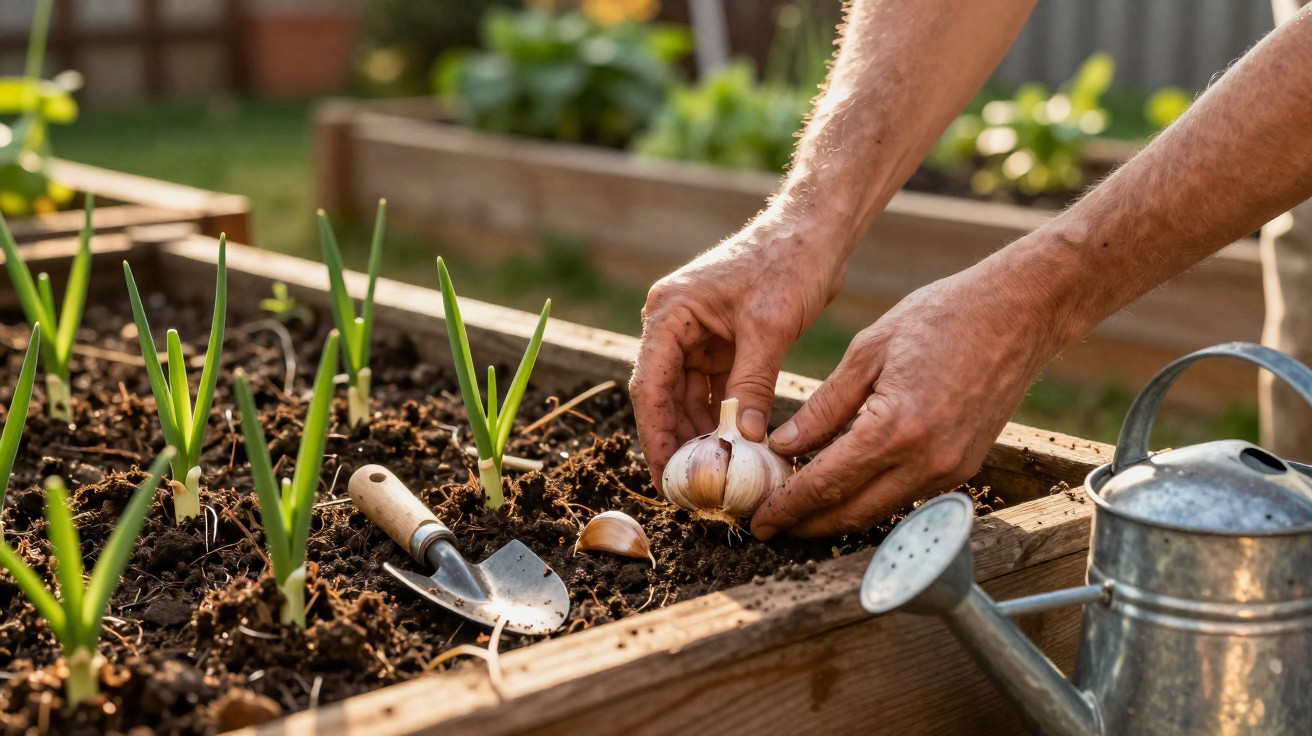 Hands planting garlic cloves in a raised garden bed with young green shoots and gardening tools nearby.