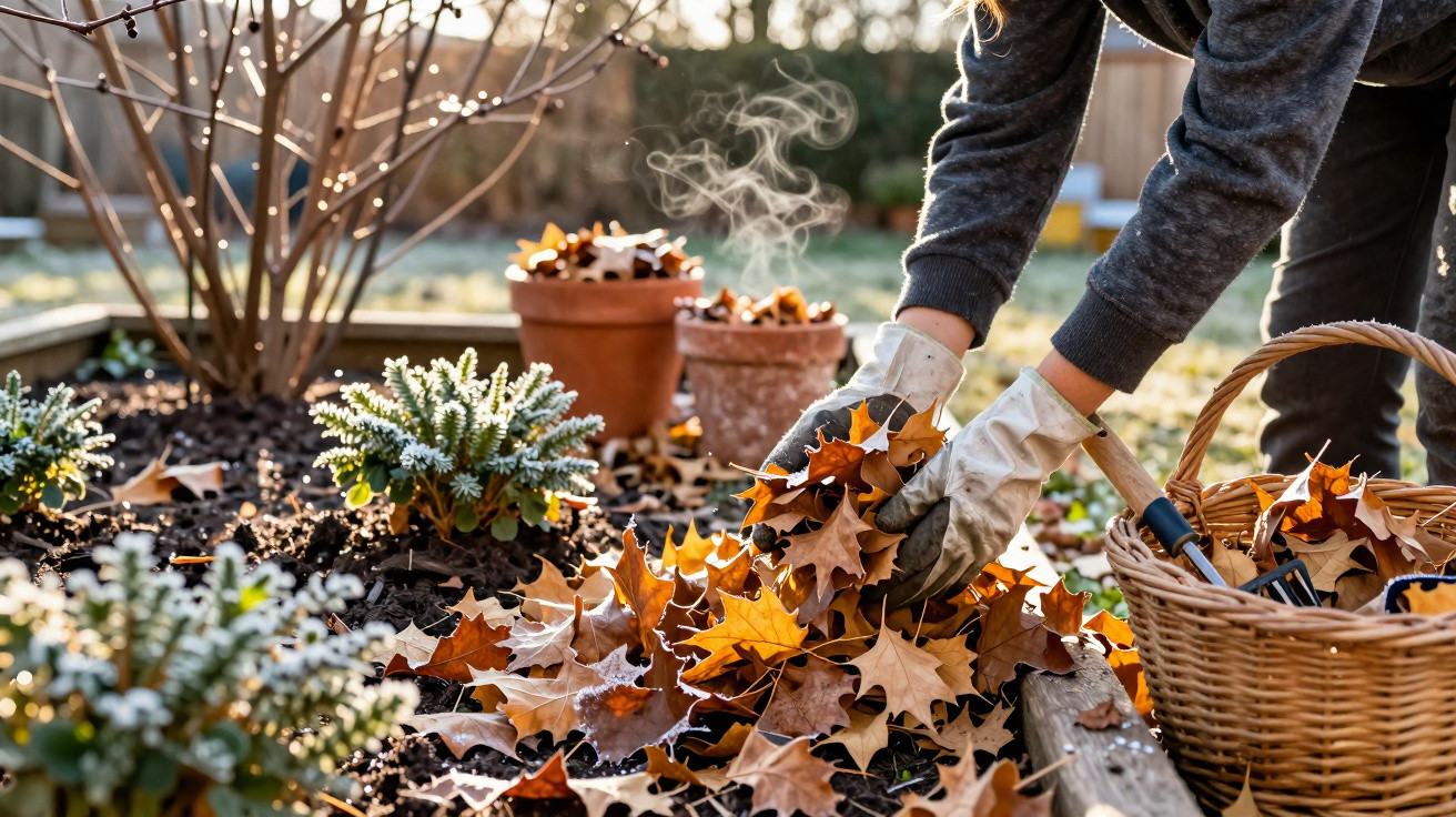 Person wearing gloves collecting autumn leaves in a garden with potted plants and wicker basket nearby.