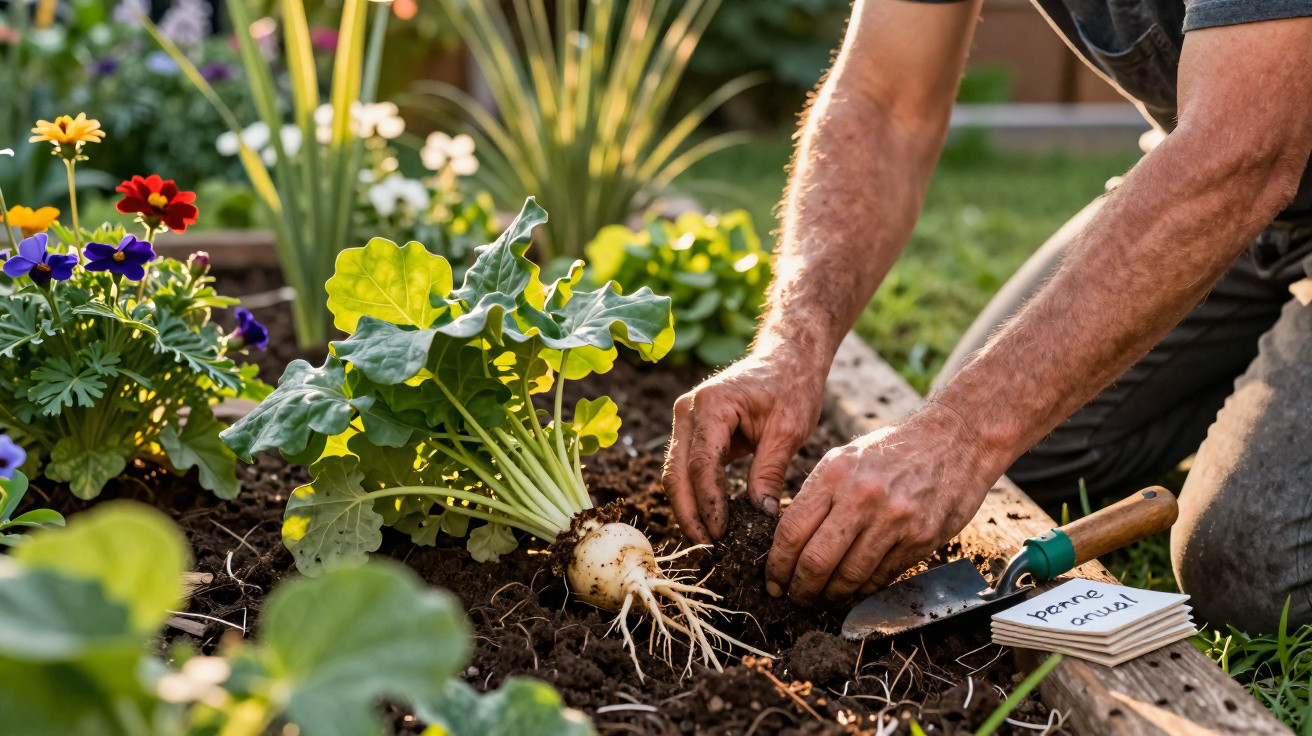 Hands planting or harvesting root vegetables in a garden bed surrounded by flowers and gardening tools.
