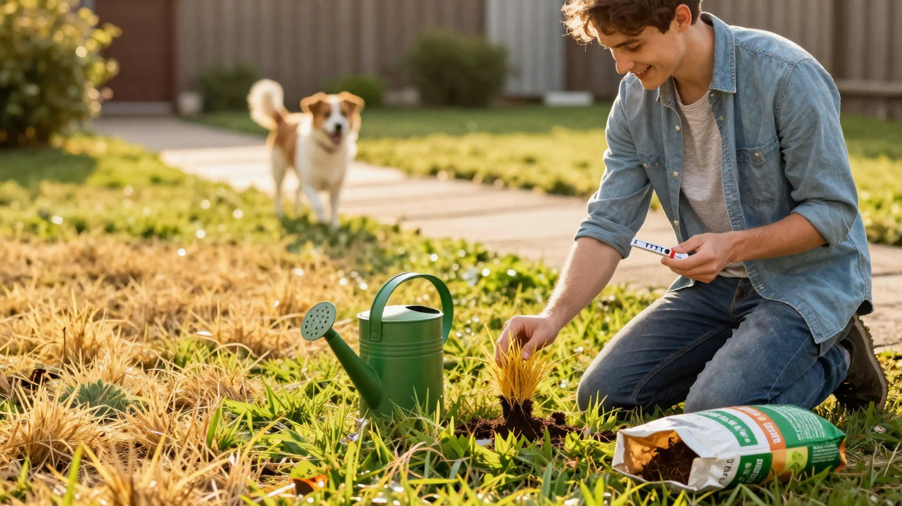 Young man planting a seedling in a garden with a dog walking on a path in the background.