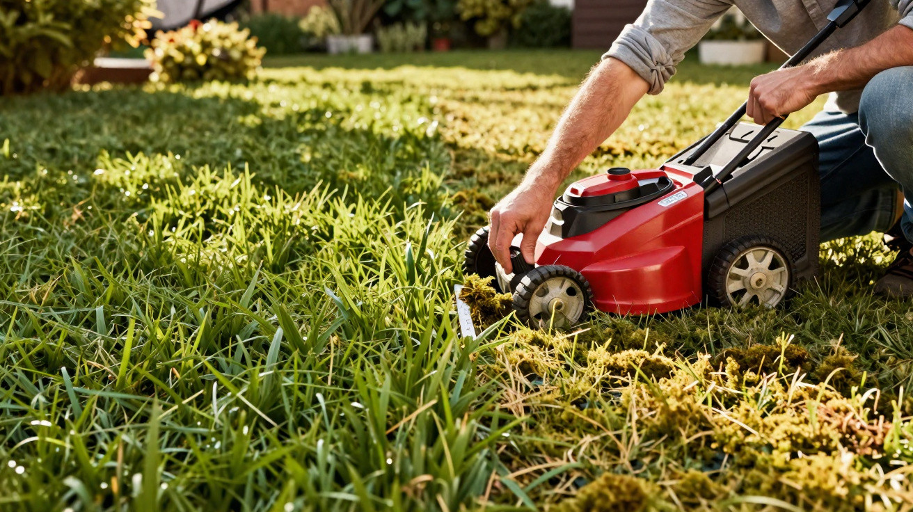 Person adjusting the wheel of a red electric lawn mower on overgrown grass in a sunny garden.