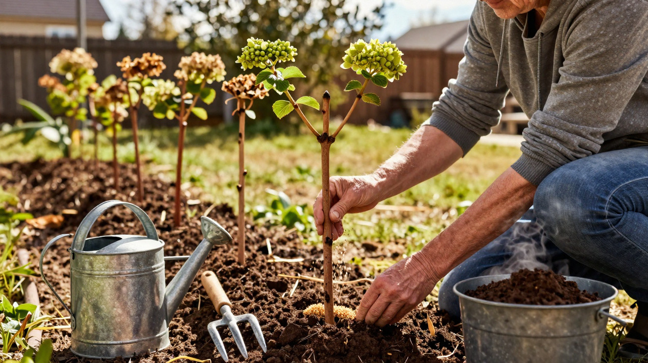 Person planting young hydrangea plants in garden soil with gardening tools and watering can nearby.