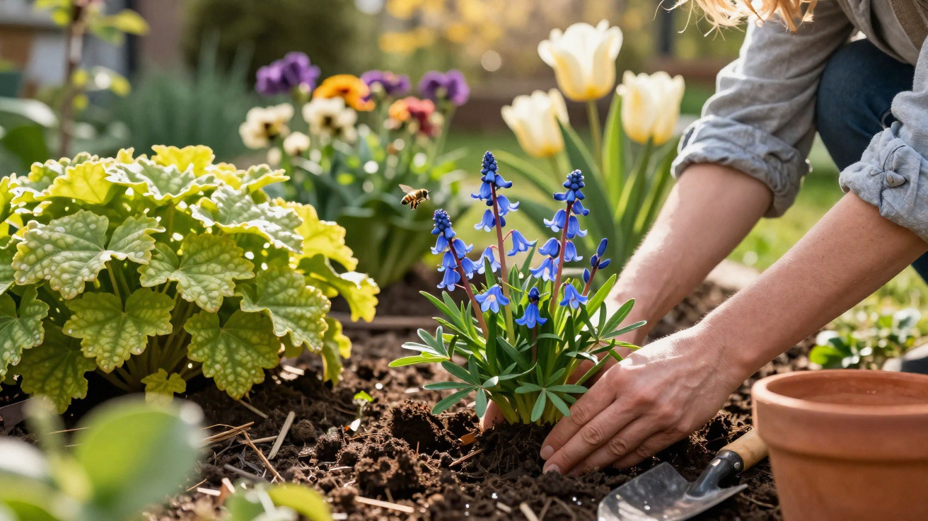 Person planting blue flowers in a garden bed with yellow and purple blooms and a flying bee nearby.