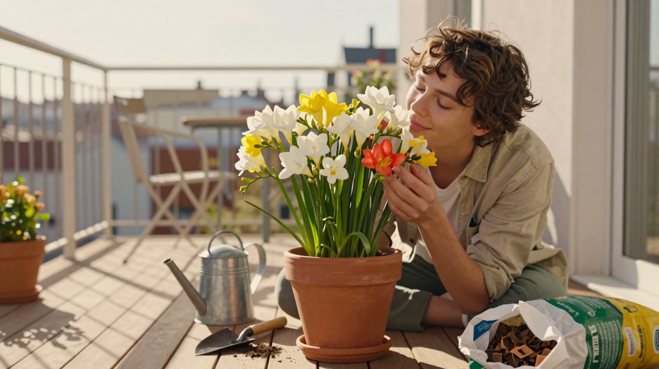 Person enjoying the scent of flowers in a terracotta pot on a sunny balcony with gardening tools nearby.