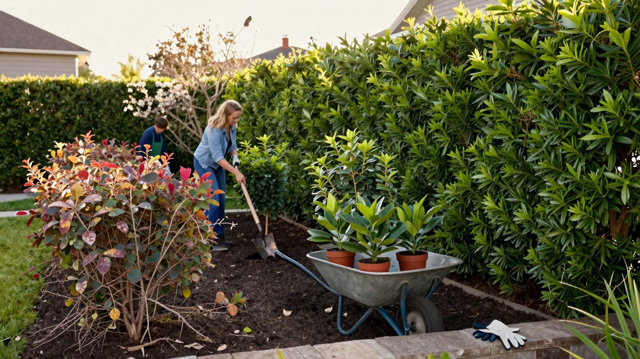 Two people gardening in a backyard planting shrubs with a wheelbarrow full of potted plants nearby.