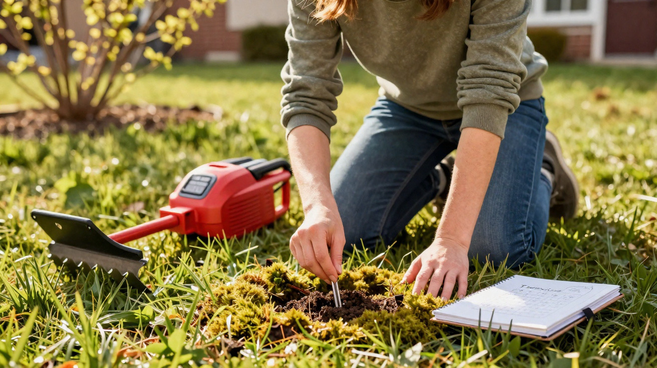 Person kneeling on grass planting seeds with gardening tool and notebook nearby on a sunny day.