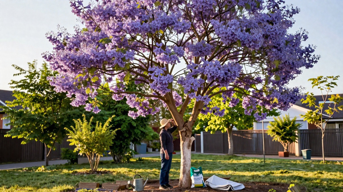 Person standing under a large jacaranda tree with purple blossoms in a sunny garden with gardening tools nearby