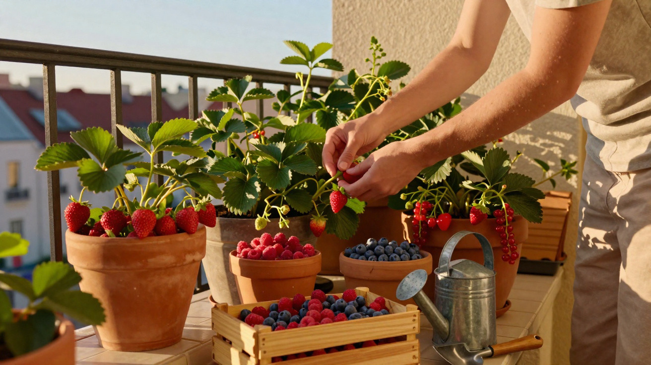 Person harvesting ripe strawberries and other berries from potted plants on a sunny balcony.