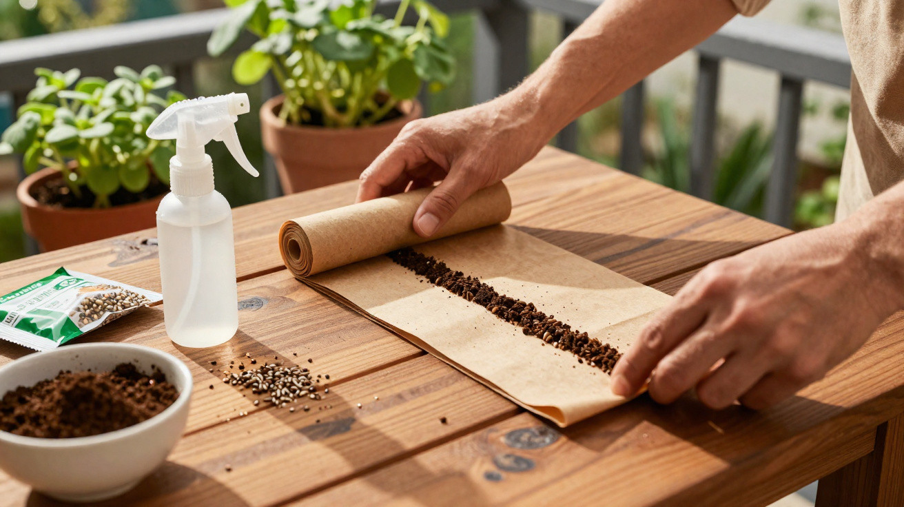 Person rolling up a paper strip with soil and seeds for planting on a wooden table with gardening tools.