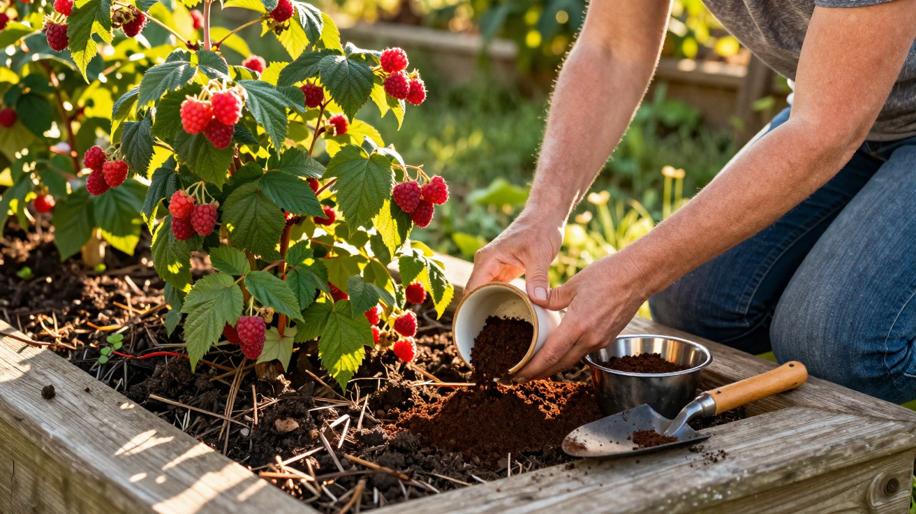 Person adding compost to soil in a wooden raised garden bed with ripe raspberries growing on the plant.