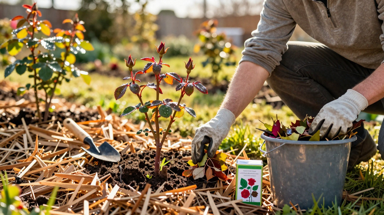 Person wearing gloves planting a young rose bush in a garden bed with straw mulch on a sunny day.