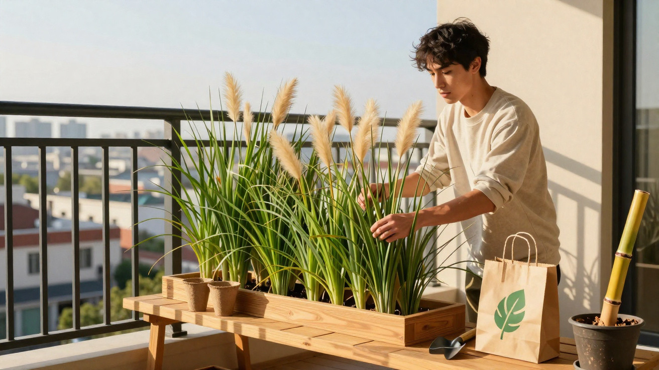 Young man tending to potted ornamental grass on a balcony garden table in bright daylight.