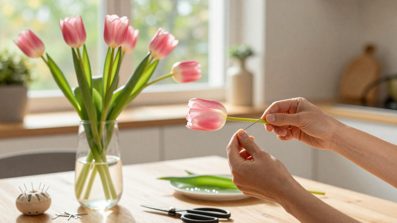 Hands arranging a single pink tulip next to a vase of tulips on a wooden kitchen table near a window.
