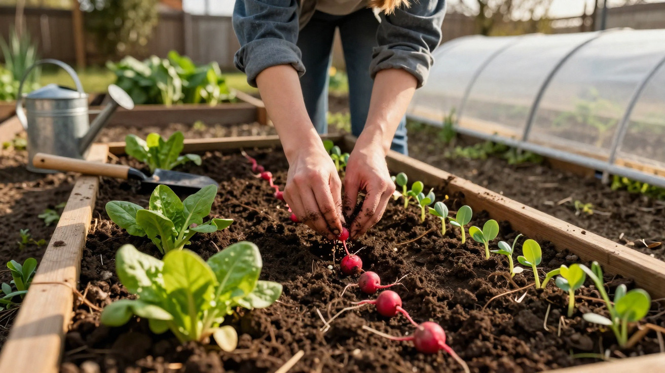 Hands harvesting fresh radishes from a raised garden bed with other growing vegetables in daylight.