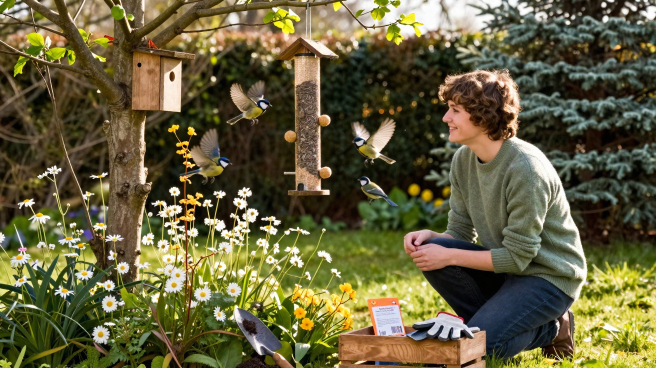 Person kneeling by bird feeder watching small birds fly near a tree with flowers in a sunny garden.