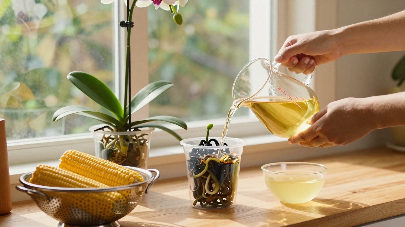 Hands pouring liquid from a measuring jug into a plastic cup with a sprouting plant on a kitchen windowsill.