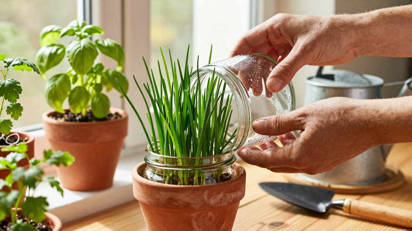 Hands watering green chives growing in a glass jar inside a terracotta pot on a wooden windowsill.