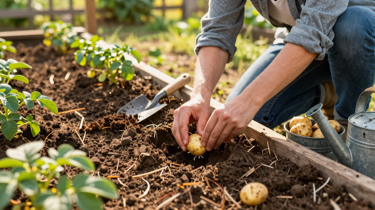 Person planting seed potatoes in soil in a garden bed with gardening tools and watering can nearby.