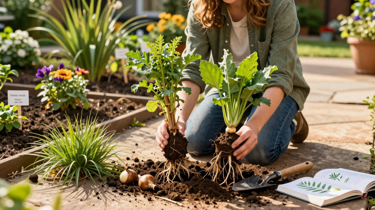 Person kneeling in a garden holding two uprooted plants with roots and soil visible, next to a gardening book and trowel.