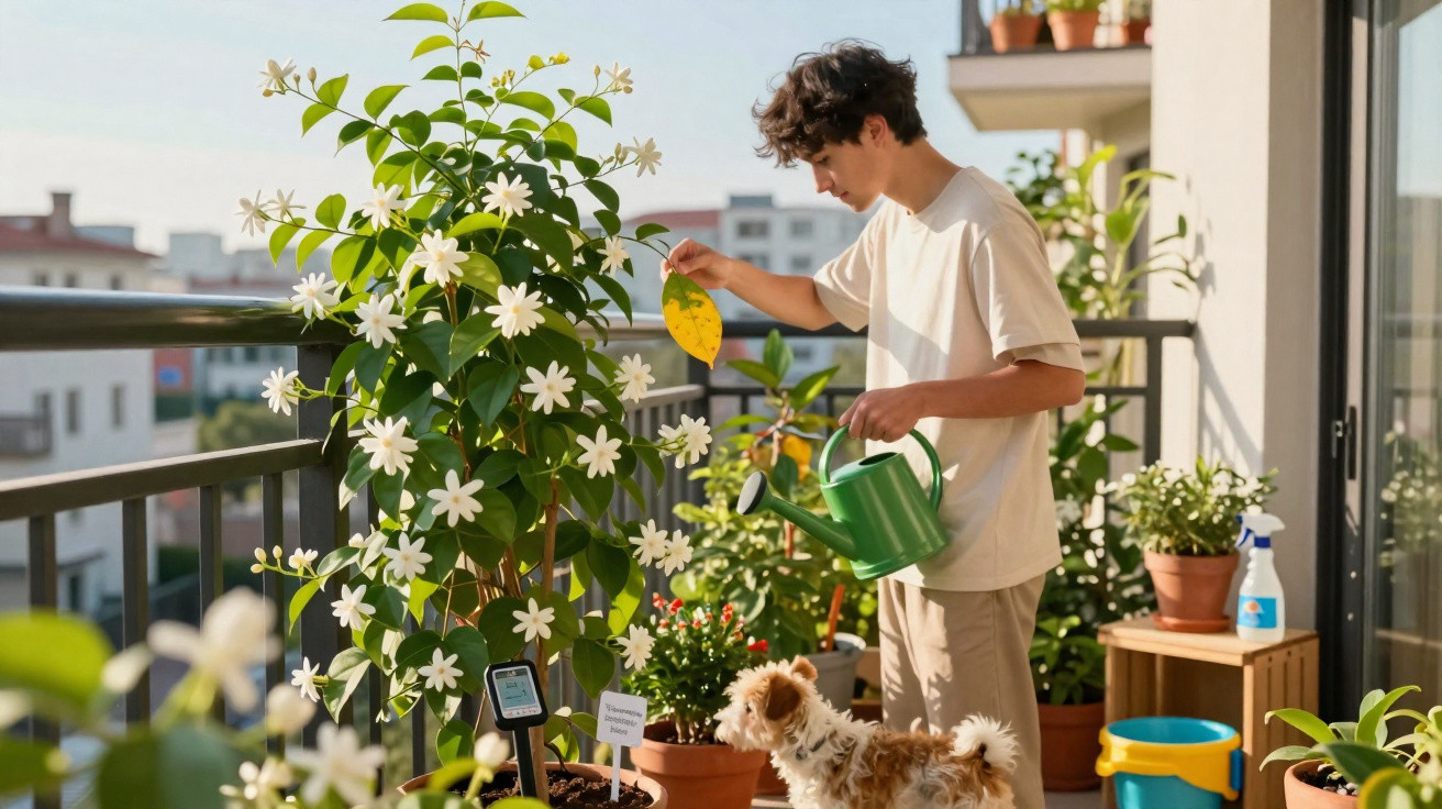 Young man watering plants on a sunny balcony with a small dog standing nearby among potted flowers.