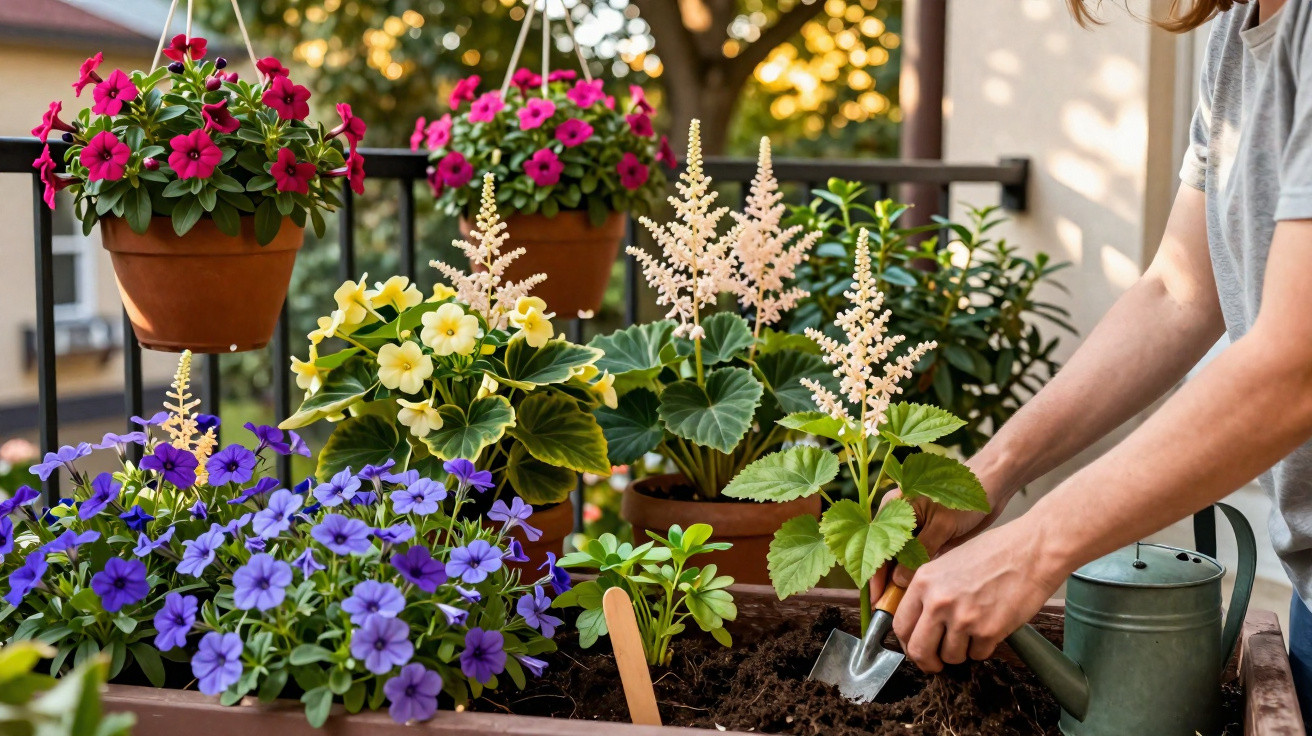 Person gardening colourful flowers in pots and planters on a sunny balcony with warm light background.