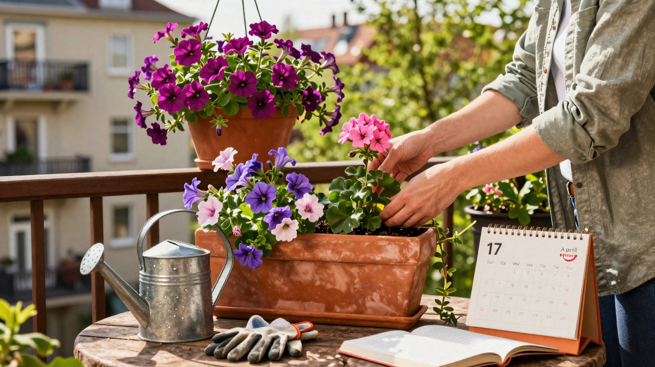 Person tending to pink and purple flowers on a balcony with gardening gloves, watering can, and calendar.