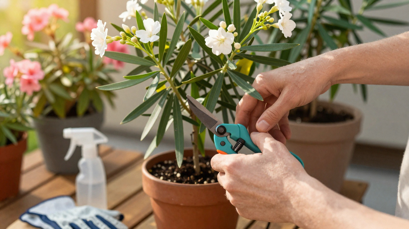 Hands pruning white flowers from a potted plant indoors with gardening gloves and spray bottle nearby.
